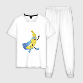 Мужская пижама хлопок с принтом Baana man в Курске, 100% хлопок | брюки и футболка прямого кроя, без карманов, на брюках мягкая резинка на поясе и по низу штанин
 | banana | man | superhero | банан | супергерой | человек банан
