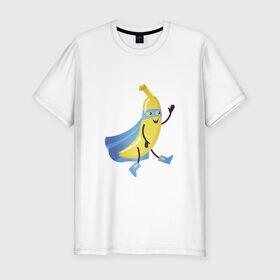 Мужская футболка хлопок Slim с принтом Baana man в Курске, 92% хлопок, 8% лайкра | приталенный силуэт, круглый вырез ворота, длина до линии бедра, короткий рукав | Тематика изображения на принте: banana | man | superhero | банан | супергерой | человек банан