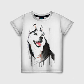 Детская футболка 3D с принтом Хаски красками в Курске, 100% гипоаллергенный полиэфир | прямой крой, круглый вырез горловины, длина до линии бедер, чуть спущенное плечо, ткань немного тянется | dogs | рисунок | собаки | хаски | щенок