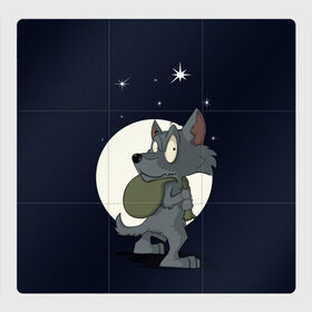 Магнитный плакат 3Х3 с принтом Серый волчонок в Курске, Полимерный материал с магнитным слоем | 9 деталей размером 9*9 см | графика | звезды | ночь | персонаж | природа | рисунок | сказка | сон | хищник