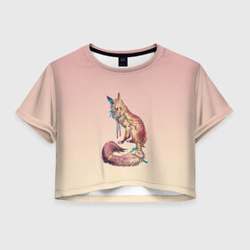 Женская футболка Crop-top 3D с принтом лиса кицунэ арт в Курске, 100% полиэстер | круглая горловина, длина футболки до линии талии, рукава с отворотами | аниме | арт | вымысел | инари | кицуне | кицунэ | лис | лиса | лисица | лисичка | миф | мифология | персонаж | сказка | хвост | япония