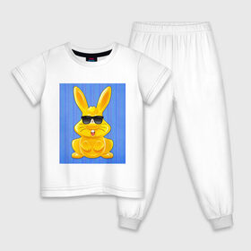 Детская пижама хлопок с принтом Харитон в очках в Курске, 100% хлопок |  брюки и футболка прямого кроя, без карманов, на брюках мягкая резинка на поясе и по низу штанин
 | детям | желейный | желейный заяц | желтый заяц | кролик | харитон | харитон в очках | харитошка