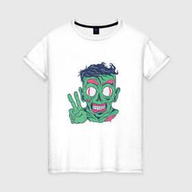 Женская футболка хлопок с принтом Дружелюбный зомби в Курске, 100% хлопок | прямой крой, круглый вырез горловины, длина до линии бедер, слегка спущенное плечо | Тематика изображения на принте: cartoon | creature | friendly | funny | halloween | horror | monster | peace | zombie | друг | дружелюбный | зомби | мир | монстр | мультфильм | смешной | существо | сущность | ужас | хэллоуин | чудовище