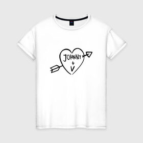 Женская футболка хлопок с принтом Johnny + V в Курске, 100% хлопок | прямой крой, круглый вырез горловины, длина до линии бедер, слегка спущенное плечо | johnny | silverhand | ви | киберпанк | сердце | татуировка