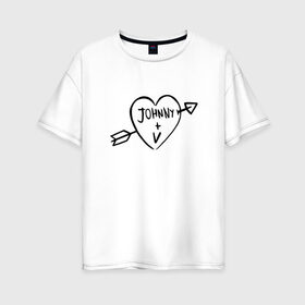 Женская футболка хлопок Oversize с принтом Johnny + V в Курске, 100% хлопок | свободный крой, круглый ворот, спущенный рукав, длина до линии бедер
 | johnny | silverhand | ви | киберпанк | сердце | татуировка