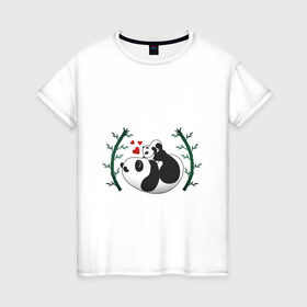 Женская футболка хлопок с принтом Мама панда с малышом в Курске, 100% хлопок | прямой крой, круглый вырез горловины, длина до линии бедер, слегка спущенное плечо | Тематика изображения на принте: baby | mom | panda | бамбук | малыш | мама | панда | ребенок