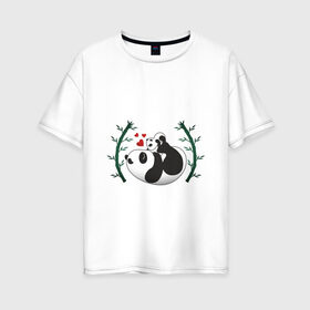 Женская футболка хлопок Oversize с принтом Мама панда с малышом в Курске, 100% хлопок | свободный крой, круглый ворот, спущенный рукав, длина до линии бедер
 | Тематика изображения на принте: baby | mom | panda | бамбук | малыш | мама | панда | ребенок