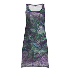 Платье-майка 3D с принтом Абстракция - Фиолетово-зеленый в Курске, 100% полиэстер | полуприлегающий силуэт, широкие бретели, круглый вырез горловины, удлиненный подол сзади. | абстракция | блики | зеленый | серый | сеть | фиолетовый