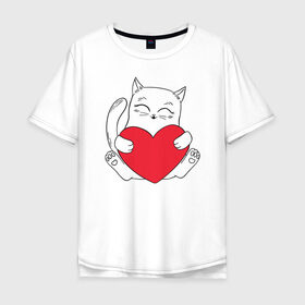 Мужская футболка хлопок Oversize с принтом Котик День Святого Валентина в Курске, 100% хлопок | свободный крой, круглый ворот, “спинка” длиннее передней части | 14 февраля | black cat | cat | heart | valentines day | день валентина | день любви | кот | котик | котики | кошка | любовь | сердечки | сердце | черный кот