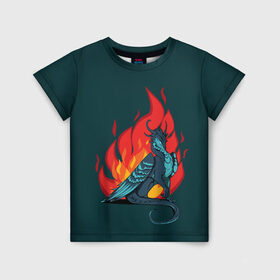 Детская футболка 3D с принтом Бирюзовый дракон в Курске, 100% гипоаллергенный полиэфир | прямой крой, круглый вырез горловины, длина до линии бедер, чуть спущенное плечо, ткань немного тянется | бирюзовый цвет | графика | дракон | огонь | персонаж | пламя | рисунок | фэнтези