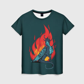 Женская футболка 3D с принтом Бирюзовый дракон в Курске, 100% полиэфир ( синтетическое хлопкоподобное полотно) | прямой крой, круглый вырез горловины, длина до линии бедер | бирюзовый цвет | графика | дракон | огонь | персонаж | пламя | рисунок | фэнтези