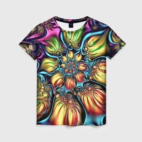Женская футболка 3D с принтом Кислотный бум в Курске, 100% полиэфир ( синтетическое хлопкоподобное полотно) | прямой крой, круглый вырез горловины, длина до линии бедер | art | casual | арт | взрыв | искусство | кислота | огни | пламя | стиль | эмоция
