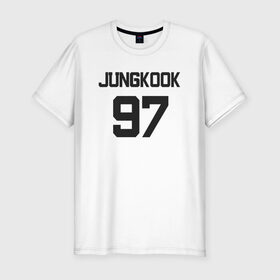 Мужская футболка хлопок Slim с принтом BTS - Jungkook 97 в Курске, 92% хлопок, 8% лайкра | приталенный силуэт, круглый вырез ворота, длина до линии бедра, короткий рукав | Тематика изображения на принте: boysband | bts | jungkook | jungkook 97 | k pop | korea | korean | music | бтс | джонгук | к поп | кей поп | корейская | корейский | корея | кпоп | музыка | чонгук