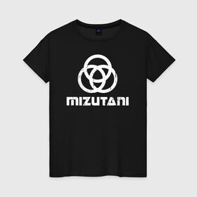 Женская футболка хлопок с принтом MIZUTANI Cyberpunk 2077 в Курске, 100% хлопок | прямой крой, круглый вырез горловины, длина до линии бедер, слегка спущенное плечо | Тематика изображения на принте: cyberpunk 2077 | hacker | maelstrom | militech | quadra | samurai | sci fi | technology | trauma team | v | будущее | игра | иероглифы | киану ривз | кибер | киберпанк | киборг | киборги | корпорация | лого | милитек | панк | роботы | самурай | т