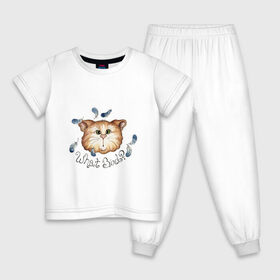 Детская пижама хлопок с принтом котик и перья птичик в Курске, 100% хлопок |  брюки и футболка прямого кроя, без карманов, на брюках мягкая резинка на поясе и по низу штанин
 | влюбленный | котенок | котик | минимализм | перья | простой | птичка | рисунок