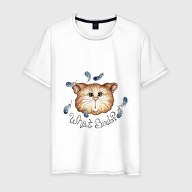 Мужская футболка хлопок с принтом котик и перья птичик в Курске, 100% хлопок | прямой крой, круглый вырез горловины, длина до линии бедер, слегка спущенное плечо. | влюбленный | котенок | котик | минимализм | перья | простой | птичка | рисунок