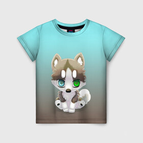Детская футболка 3D с принтом Малыш хаски в Курске, 100% гипоаллергенный полиэфир | прямой крой, круглый вырез горловины, длина до линии бедер, чуть спущенное плечо, ткань немного тянется | акито | гав | градиент | животные | любитель собак | малыш | пес | разные глаза | рисунок | собакен | собаки | собаченок | хаски | щенок