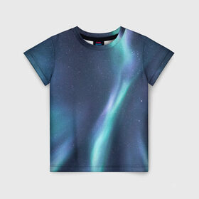 Детская футболка 3D с принтом Северное Сияние в Курске, 100% гипоаллергенный полиэфир | прямой крой, круглый вырез горловины, длина до линии бедер, чуть спущенное плечо, ткань немного тянется | Тематика изображения на принте: звёздное небо | зелёный | северное небо. | синий | фиолетовый