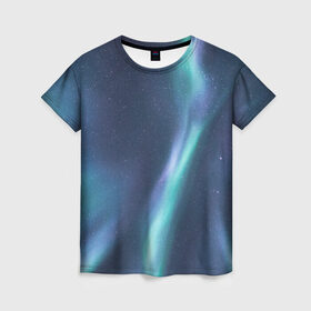 Женская футболка 3D с принтом Северное Сияние в Курске, 100% полиэфир ( синтетическое хлопкоподобное полотно) | прямой крой, круглый вырез горловины, длина до линии бедер | звёздное небо | зелёный | северное небо. | синий | фиолетовый