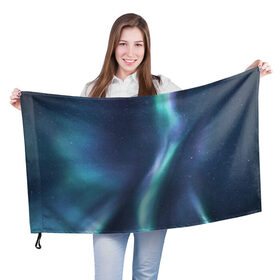 Флаг 3D с принтом Северное Сияние в Курске, 100% полиэстер | плотность ткани — 95 г/м2, размер — 67 х 109 см. Принт наносится с одной стороны | звёздное небо | зелёный | северное небо. | синий | фиолетовый