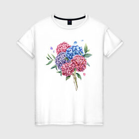 Женская футболка хлопок с принтом букет гаотензий в Курске, 100% хлопок | прямой крой, круглый вырез горловины, длина до линии бедер, слегка спущенное плечо | 8 марта | весна | девушке | женский | мама | подарок | тренд | феминизм | цветы
