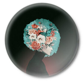 Значок с принтом Girl in flowers в Курске,  металл | круглая форма, металлическая застежка в виде булавки | 8 марта | лучшая в мире | мама | подарок | подарок женщине | подарок любимым | подарок на 8 марта | самая лучшая  в мире | семья