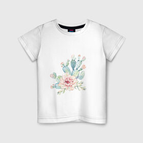 Детская футболка хлопок с принтом цветущий кактус акварель в Курске, 100% хлопок | круглый вырез горловины, полуприлегающий силуэт, длина до линии бедер | Тематика изображения на принте: акварель | акварельный | весна | кактус | мило | природа | растение | рисунок | суккулент | цветение | цветок | цветущий