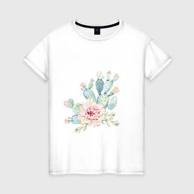 Женская футболка хлопок с принтом цветущий кактус акварель в Курске, 100% хлопок | прямой крой, круглый вырез горловины, длина до линии бедер, слегка спущенное плечо | акварель | акварельный | весна | кактус | мило | природа | растение | рисунок | суккулент | цветение | цветок | цветущий