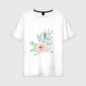 Женская футболка хлопок Oversize с принтом цветущий кактус акварель в Курске, 100% хлопок | свободный крой, круглый ворот, спущенный рукав, длина до линии бедер
 | акварель | акварельный | весна | кактус | мило | природа | растение | рисунок | суккулент | цветение | цветок | цветущий