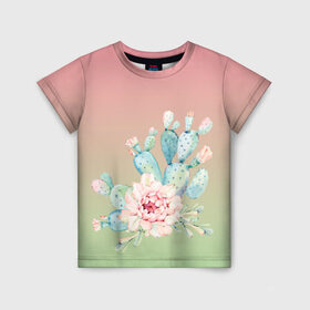 Детская футболка 3D с принтом суккулент градиент в Курске, 100% гипоаллергенный полиэфир | прямой крой, круглый вырез горловины, длина до линии бедер, чуть спущенное плечо, ткань немного тянется | акварель | акварельный | весна | кактус | мило | природа | растение | рисунок | суккулент | сукулент | цветение | цветок | цветущий | цветы