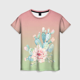 Женская футболка 3D с принтом суккулент градиент в Курске, 100% полиэфир ( синтетическое хлопкоподобное полотно) | прямой крой, круглый вырез горловины, длина до линии бедер | акварель | акварельный | весна | кактус | мило | природа | растение | рисунок | суккулент | сукулент | цветение | цветок | цветущий | цветы