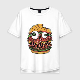 Мужская футболка хлопок Oversize с принтом Злой бургер в Курске, 100% хлопок | свободный крой, круглый ворот, “спинка” длиннее передней части | бургер | глаза | голова | еда | лицо | хипстер | череп