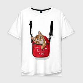 Мужская футболка хлопок Oversize с принтом Are you kitten(kidding) me? в Курске, 100% хлопок | свободный крой, круглый ворот, “спинка” длиннее передней части | кот | котик | милый | рюкзак | слова | фраза | хипстер