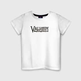Детская футболка хлопок с принтом Valheim logo в Курске, 100% хлопок | круглый вырез горловины, полуприлегающий силуэт, длина до линии бедер | Тематика изображения на принте: valheim | valheim логотип | вальхейм | выживание | игра | игры