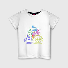 Детская футболка хлопок с принтом Пищевая пирамида (сладкая) в Курске, 100% хлопок | круглый вырез горловины, полуприлегающий силуэт, длина до линии бедер | вкуснятина | глазурь | кекс | круассан | кусок торта | кусочек торта | леденец | лолипоп | маффин | пирамида | пищевая | сладкая | торт | тортик