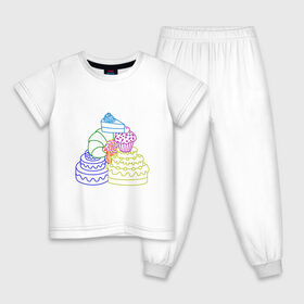 Детская пижама хлопок с принтом Пищевая пирамида (сладкая) в Курске, 100% хлопок |  брюки и футболка прямого кроя, без карманов, на брюках мягкая резинка на поясе и по низу штанин
 | вкуснятина | глазурь | кекс | круассан | кусок торта | кусочек торта | леденец | лолипоп | маффин | пирамида | пищевая | сладкая | торт | тортик