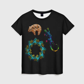 Женская футболка 3D с принтом Медведи и ящерицы в Курске, 100% полиэфир ( синтетическое хлопкоподобное полотно) | прямой крой, круглый вырез горловины, длина до линии бедер | медведи | цветные ящерицы | цветочные кольца | цветы | ящерицы