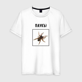 Мужская футболка хлопок с принтом Паукъ в Курске, 100% хлопок | прямой крой, круглый вырез горловины, длина до линии бедер, слегка спущенное плечо. | абстракция | бред | жак фреско | жуки | насекомое | паук | пауки | паучок | странная надпись | тараканы | тупость