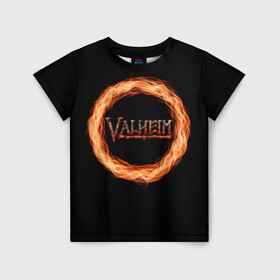 Детская футболка 3D с принтом Valheim - огненный круг в Курске, 100% гипоаллергенный полиэфир | прямой крой, круглый вырез горловины, длина до линии бедер, чуть спущенное плечо, ткань немного тянется | valheim | вальхейм | викинги | игра | компьютерный | круг | логотип | минимализм | огненный | огонь | подарок | черный