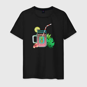 Мужская футболка хлопок с принтом Летний напиток - газировка в Курске, 100% хлопок | прямой крой, круглый вырез горловины, длина до линии бедер, слегка спущенное плечо. | ананас | банка | газировка | гибискус | лимон | сок | соломинка | тропические листья