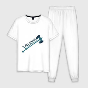 Мужская пижама хлопок с принтом Valheim тёмное лого с секирой в Курске, 100% хлопок | брюки и футболка прямого кроя, без карманов, на брюках мягкая резинка на поясе и по низу штанин
 | Тематика изображения на принте: p2p | pvp | valheim | валхейм | викинг | викинги | выживание | градиент | лого | песочница | сага | секира | скандинавы | сурвайвал | тёмный
