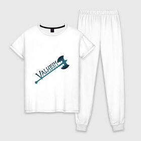 Женская пижама хлопок с принтом Valheim тёмное лого с секирой в Курске, 100% хлопок | брюки и футболка прямого кроя, без карманов, на брюках мягкая резинка на поясе и по низу штанин | p2p | pvp | valheim | валхейм | викинг | викинги | выживание | градиент | лого | песочница | сага | секира | скандинавы | сурвайвал | тёмный