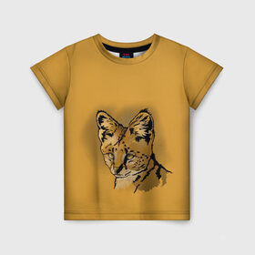 Детская футболка 3D с принтом Сервал в Курске, 100% гипоаллергенный полиэфир | прямой крой, круглый вырез горловины, длина до линии бедер, чуть спущенное плечо, ткань немного тянется | африка | графика | дикий мир | животное | кошка | персонаж | природа | рисунок | хищник