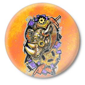 Значок с принтом Стимпанк Носорог - Rhino в Курске,  металл | круглая форма, металлическая застежка в виде булавки | графика | граффити | кляксы | механика | носорог | оранжевый | от руки | рисунок | скетч | стимпанк | шестерёнки | шестерни | яркий