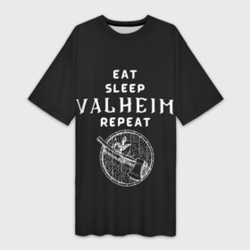 Платье-футболка 3D с принтом Eat Sleep Valheim Repeat в Курске,  |  | elder | loki | odin | the | thor | valheim | биврёст | валхейм | вальхейм | викинги | всеотец | дракар | древний | древо | ётун | йотун | локи | мира | один | тор | фенир | хель | черный лес | эйктюр