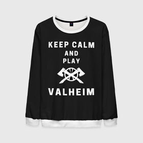 Мужской свитшот 3D с принтом Keep calm and play Valheim в Курске, 100% полиэстер с мягким внутренним слоем | круглый вырез горловины, мягкая резинка на манжетах и поясе, свободная посадка по фигуре | Тематика изображения на принте: elder | loki | odin | the | thor | valheim | биврёст | валхейм | вальхейм | викинги | всеотец | дракар | древний | древо | ётун | йотун | локи | мира | один | тор | фенир | хель | черный лес | эйктюр