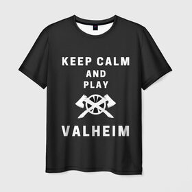 Мужская футболка 3D с принтом Keep calm and play Valheim в Курске, 100% полиэфир | прямой крой, круглый вырез горловины, длина до линии бедер | elder | loki | odin | the | thor | valheim | биврёст | валхейм | вальхейм | викинги | всеотец | дракар | древний | древо | ётун | йотун | локи | мира | один | тор | фенир | хель | черный лес | эйктюр