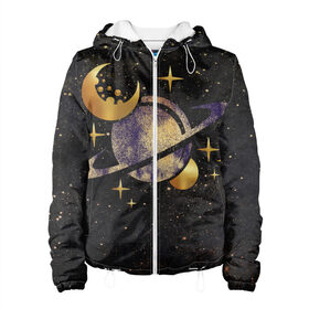 Женская куртка 3D с принтом Сатурн, луна, спутник и звезды в Курске, ткань верха — 100% полиэстер, подклад — флис | прямой крой, подол и капюшон оформлены резинкой с фиксаторами, два кармана без застежек по бокам, один большой потайной карман на груди. Карман на груди застегивается на липучку | astronaut | cosmonaut | cosmos | earth | galaxy | moon | nasa | planet | saturn | space | star | universe | астрология | астронавт | вселенная | галактика | звезда | земля | компенсаторика | космонавт | космос | луна | марс | наса | нло | планета