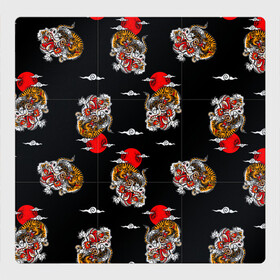 Магнитный плакат 3Х3 с принтом Японский стиль - тигры в Курске, Полимерный материал с магнитным слоем | 9 деталей размером 9*9 см | Тематика изображения на принте: арт | животные | облака | огонь | пламя | рисунок | стиль | тигр | японский