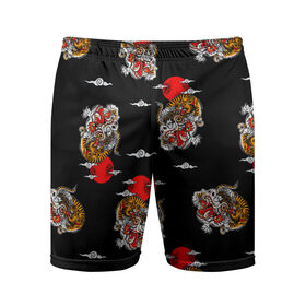 Мужские шорты спортивные с принтом Японский стиль - тигры в Курске,  |  | арт | животные | облака | огонь | пламя | рисунок | стиль | тигр | японский